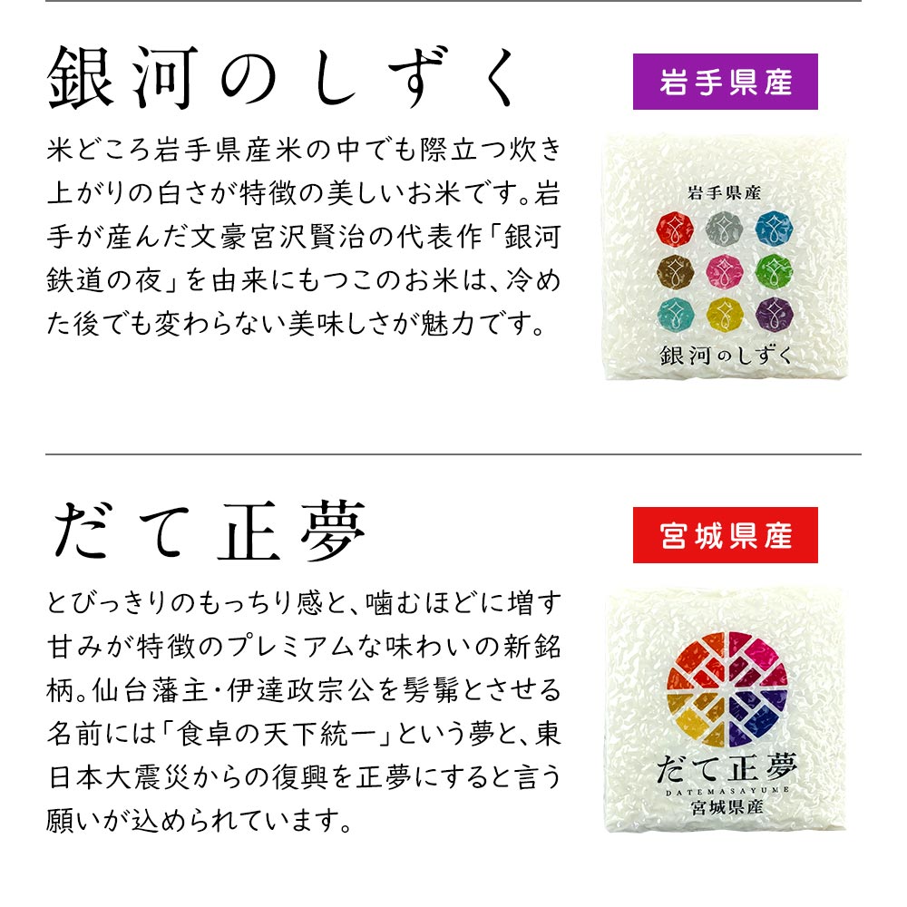 東北6県人気銘柄セット(青天の霹靂、あきたこまち、天のつぶ、だて正夢、つや姫、銀河のしずく) 各2合（300g）×6個